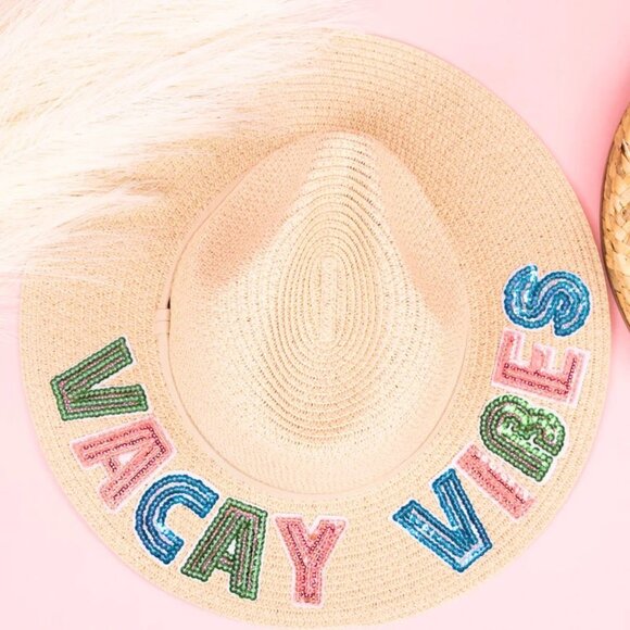 White Straw Hat with Colorful 'Vacay Vibes' Embroidery - Picture 8 of 8